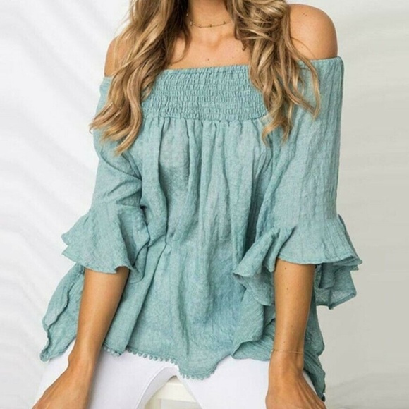 Figleaffashion Tops - New Off the Shoulder Blue Ruffle Hem Top